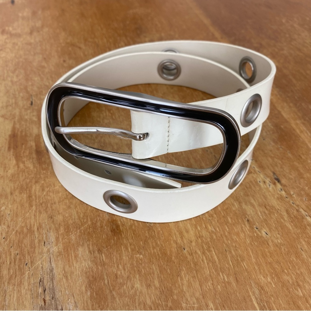 Y2K White Leather Grommet Eyelet Belt w/ Silver Buckle Alt Punk Festival Medium